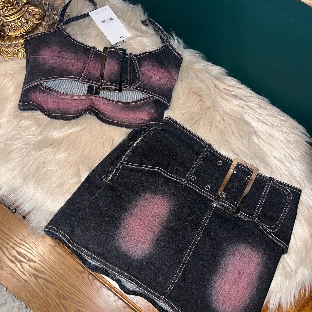 "Zev" mini skirt and crop top set pink denim - NWT